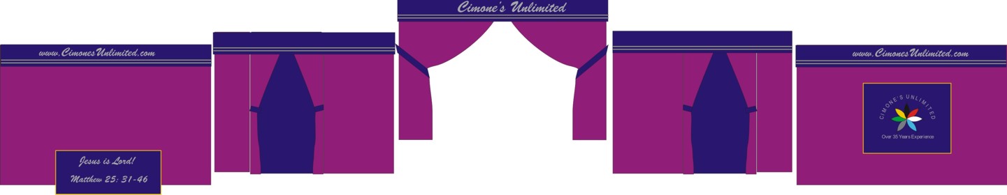 Visual consisting of 2 complete tack stall fronts, 2 8x12s, 5 valances (some custom), Isle Curtain, Banner, and Table Cover